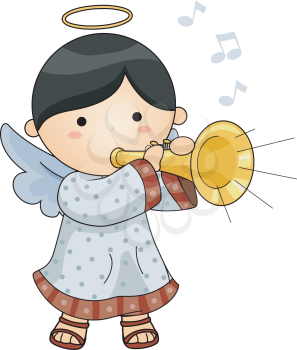 Royalty Free Clipart Image of an Angel Blowing a Horn