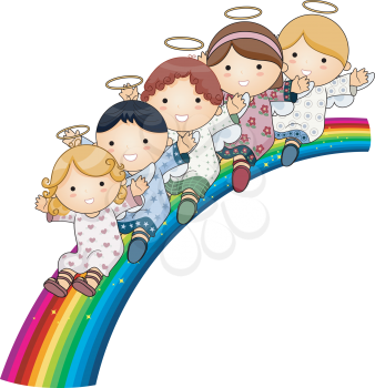 Royalty Free Clipart Image of Angels on a Rainbow