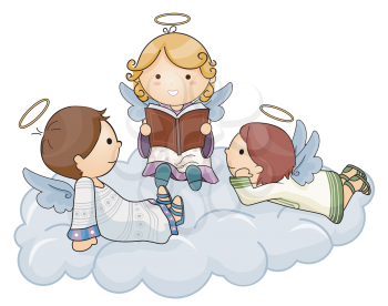 Royalty Free Clipart Image of Three Angels on a Cloud