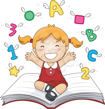 Royalty Free Clipart Image of a Girl on a Book With Numbers and ABCs