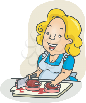 Royalty Free Clipart Image of a Woman Chopping Meat