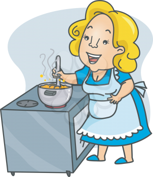 Royalty Free Clipart Image of a Woman Stirring a Pot on the Stove