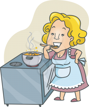 Royalty Free Clipart Image of a Woman Tasting Food at an Oven