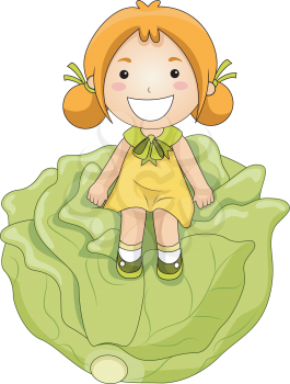 Royalty Free Clipart Image of a Girl Sitting on a Big Cabbage