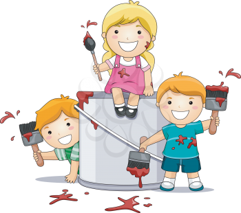 Royalty Free Clipart Image of Children Playing With Paint