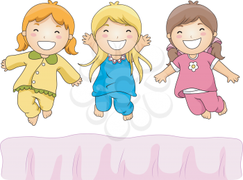 Royalty Free Clipart Image of Little Girls at a Pyjama Party Jumping on the Bed