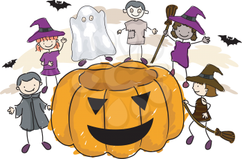 Royalty Free Clipart Image of Children in Halloween Costumes Around a Pumpkin