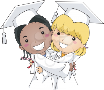 Royalty Free Clipart Image of Two Graduates Hugging