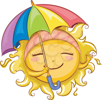 Royalty Free Clipart Image of a Sun Holding an Umbrella