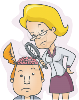 Royalty Free Clipart Image of a Woman Examining the Contents of a Man's Head