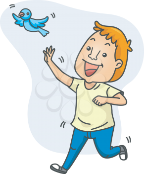 Royalty Free Clipart Image of a Man Chasing a Bluebird