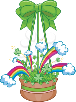 Royalty Free Clipart Image of a Hanging Pot of Shamrocks, Rainbows and Cloud