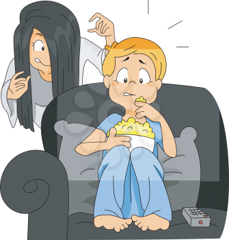 Royalty Free Clipart Image of a Girl About to Scare a Child Watching a Scary Movie and Eating Popcorn