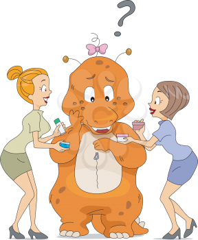 Royalty Free Clipart Image of Women Showing Cosmetics to a Mascot