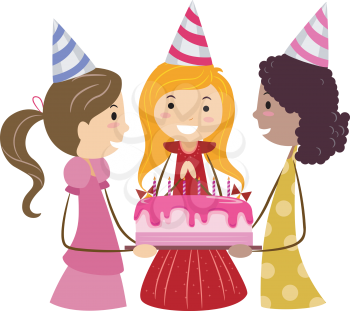 Royalty Free Clipart Image of Three Girls With a Birthday Cake