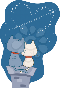 Royalty Free Clipart Image of Two Cats Looking at a Night Sky