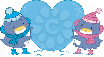 Royalty Free Clipart Image of a Penguin Couple With a Blue Heart