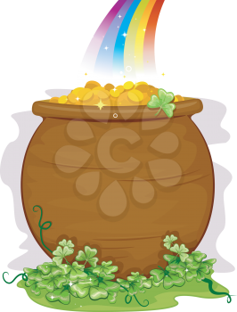 Royalty Free Clipart Image of a Pot of Gold at the End of the Rainbow