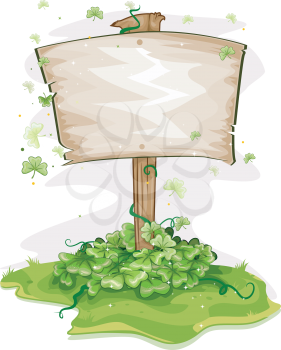 Royalty Free Clipart Image of a Wooden Sign Surrounded by Shamrocks