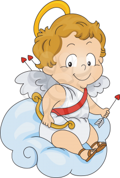 Royalty Free Clipart Image of a Baby Cupid on a Cloud