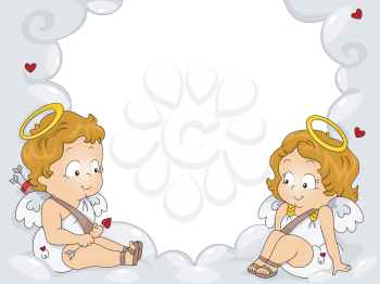 Royalty Free Clipart Image of a Male and Female Cupid on a Background With a Centre Frame