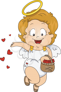 Royalty Free Clipart Image of a Cupid Scattering Hearts