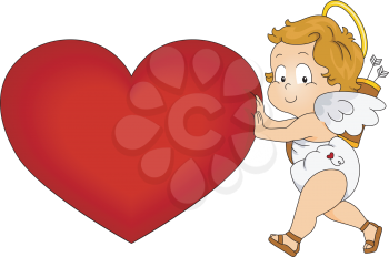 Royalty Free Clipart Image of a Cupid Pushing a Giant Heart