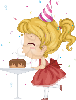 Royalty Free Clipart Image of a Girl Blowing Out a Birthday Cake