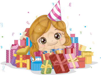Royalty Free Clipart Image of a Little Girl Surrounded by Presents