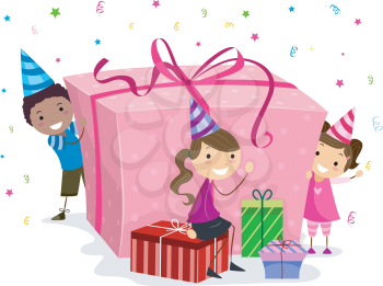 Royalty Free Clipart Image of Children With a Big Gift and Smaller Gifts