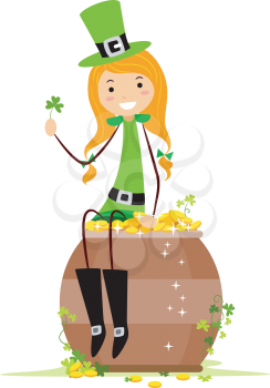 Royalty Free Clipart Image of a Girl Sitting on a Pot of Gold