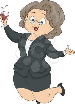 Royalty Free Clipart Image of a Happy Older Woman Jumping With Glee and Holding a Glass of Wine