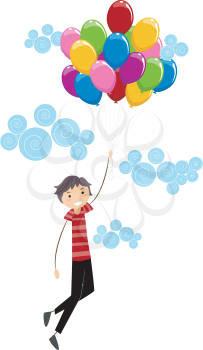 Royalty Free Clipart Image of a Boy Holding a Bouquet of Balloons