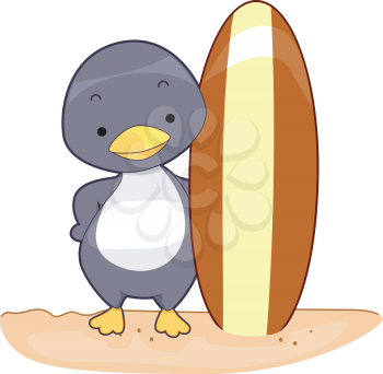 Royalty Free Clipart Image of a Penguin Holding a Surfboard