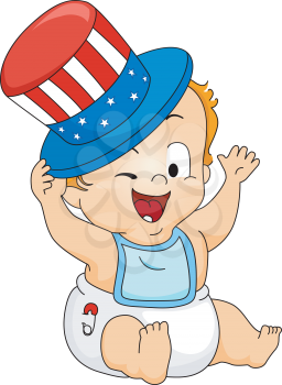Royalty Free Clipart Image of a Baby Holding a US Hat