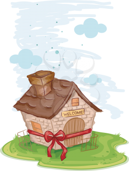 Royalty Free Clipart Image of a House Tied With a Ribbon