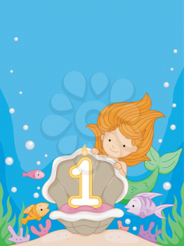 Royalty Free Clipart Image of a Mermaid Looking at the Number One in an Oyster Shell