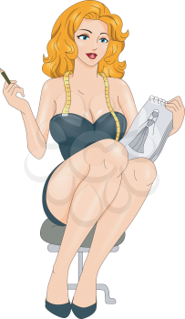 Royalty Free Clipart Image of a Pin-Up Designing Clothes