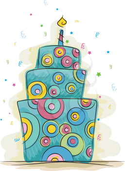 Royalty Free Clipart Image of a Fun Birthday Cake With One Candle