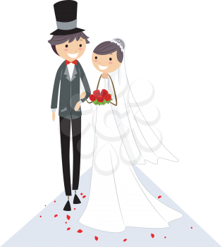 Royalty Free Clipart Image of a Bridal Couple Walking Up the Aisle