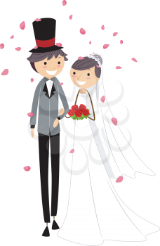Royalty Free Clipart Image of a Newlywed Couple Showered With Rose Petals