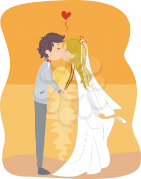 Royalty Free Clipart Image of a Newlywed Couple Kissing on the Beach