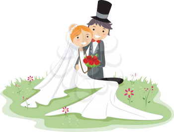 Royalty Free Clipart Image of a Bride and Groom Sitting on Grass