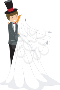 Royalty Free Clipart Image of a Bride and Groom Hugging