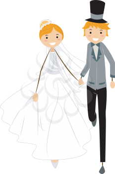 Royalty Free Clipart Image of Newlyweds on the Run
