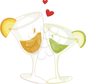 Royalty Free Clipart Image of Two Cocktail Glasses and Hearts