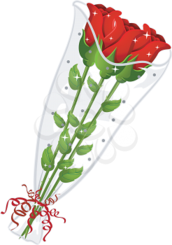 Royalty Free Clipart Image of Three Red Roses in Plastic