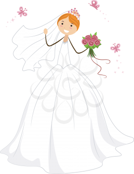 Royalty Free Clipart Image of a Bride Surrounded by Butterflies