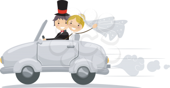 Royalty Free Clipart Image of a Newlywed Couple in a Car