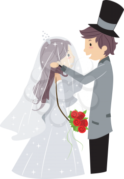 Royalty Free Clipart Image of a Groom Lifting His Bride's Veil